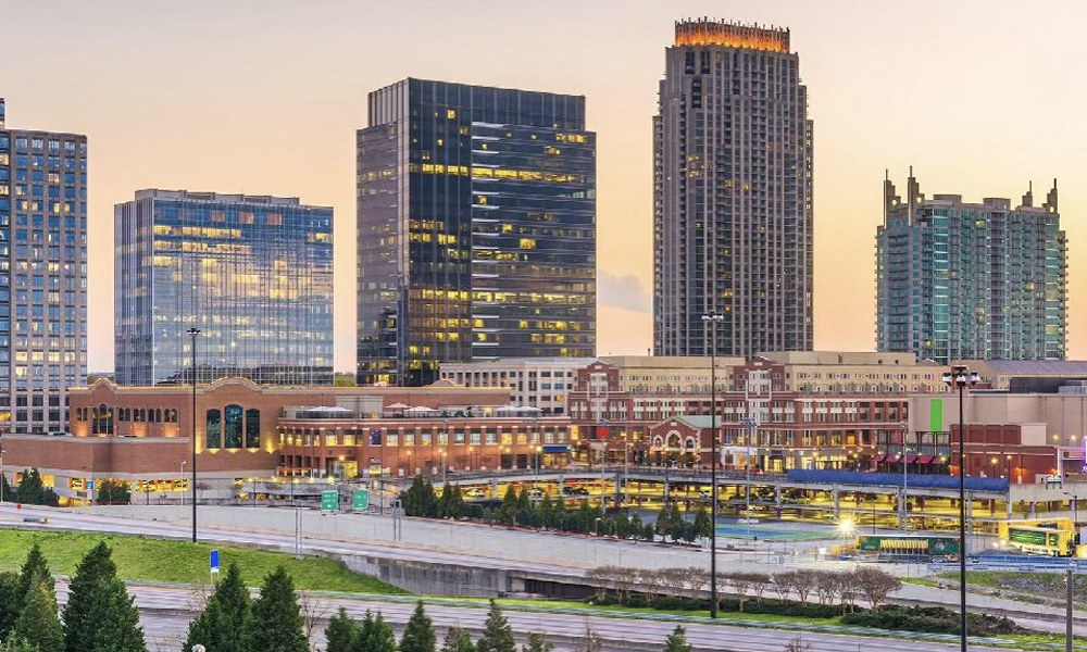 Atlantic Station skyline in Atlanta, Georgia at dusk